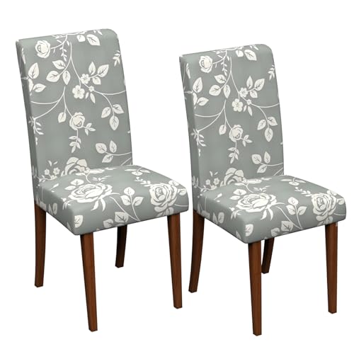 Stretch Dining Chair Covers Set of 2,Floral Print Chair Covers,Soft Removable Washable,Pet Friendly Furniture Protector,Universal Chair Slipcovers for Home, Kitchen,Ceremony Dining Room Seat - color: A-gray- Rose Vine Pattern, size: 2PCS