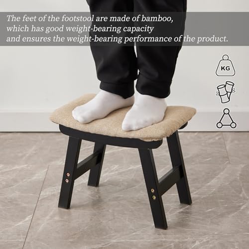 Kitsanery Foot Stool,Ottoman,Bamboo Small Sofa Foot Rest Under Desk,Extra Seating for Living Room, Bedroom and Kitchen (Black Stool Legs - Beige Surface) - color: Black Stool Legs - Beige Surface