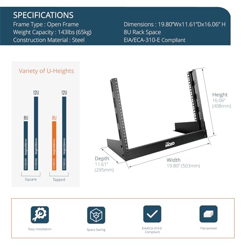 Tecmojo 2 Post 8U Desktop Sever Rack Small Open Frame Rack for 19 inch AV/Data/Audio/Studio Equipment Free Standing Home/Office Rack,Tapped Hole, Black - size: 8U/Tapped Hole