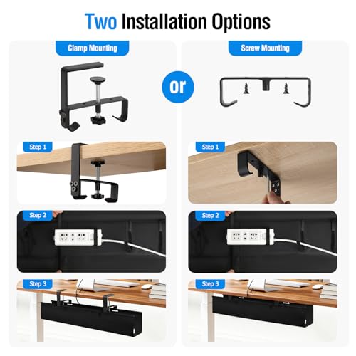 Under Desk Cable Management Tray, 36-Inch Heavy Duty No-Drill Clamp & Screw Mount Cord Organizer, Holds Power Strip & Large Adapters for Home Office, Gaming Desk, Study Room - size: 36"L x 5.5"W