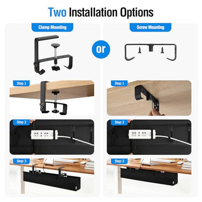 Under Desk Cable Management Tray, 36-Inch Heavy Duty No-Drill Clamp & Screw Mount Cord Organizer, Holds Power Strip & Large Adapters for Home Office, Gaming Desk, Study Room - size: 36"L x 5.5"W