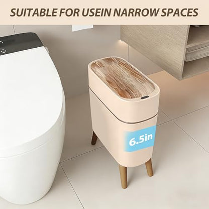 suyika Automatic Trash Can, 2.6 Gallon/10L Bathroom Trash Can with Lid - Wood Grain Lid and Legs, Touchless Waterproof Garbage Bin for Bedroom, Bathroom, Office, Living Room - color: Off-white