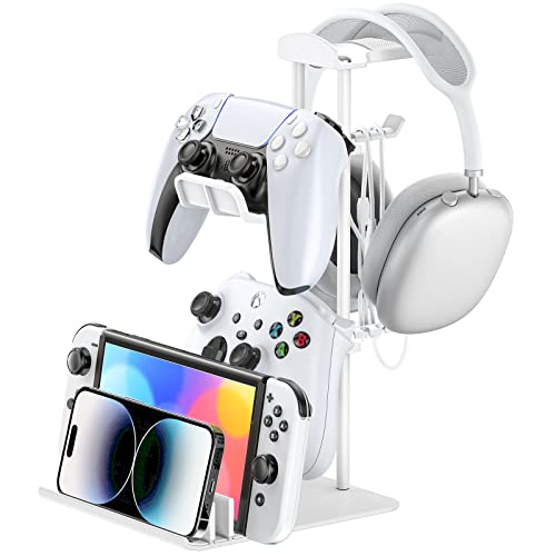 KDD Headphone Stand, Controller Holder & Headset Holder for Desk, Earphone Stand with Aluminum Supporting Bar, Universal Storage Organizer Headphones/Controller/Switch/Mobile Phone(White) - color: White