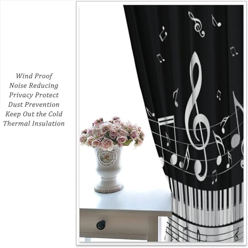 Music Notes Curtain, Black White Musical Notes Piano Key Musical Instruments Modern Romantic Art Window Drapes for Bedroom Living Room 42" W X 45" L(No Blackout) - color: Musical-7, size: 20.5"W x 45"L (Pack of 2)