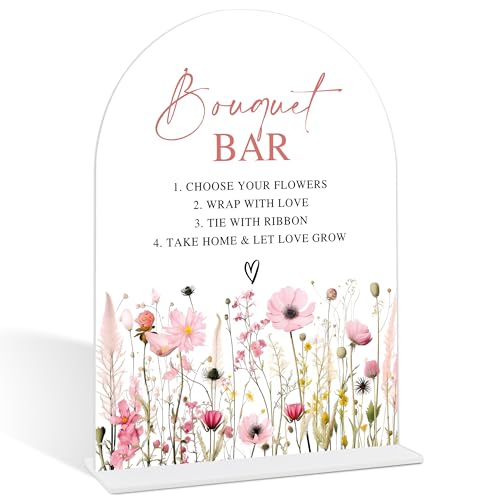 Pink Flower Bouquet Bar Sign, Flower Bar Supplies, Bridal Shower Centerpieces For Tables, Wedding Reception Decorations, Engagement Party Decor, Acrylic Arch Bridal Shower Sign With Base-5 - color: Bouquet Bar05