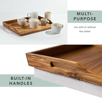 ROSSIE HOME Acacia Wood Bed Tray, Lap Desk - Set of Two - with Hyacinth Storage Basket - Natural - Fits up to 15.6 Inch Laptops - Style No. 70106 - color: Natural Acacia, size: 2-Pack with Basket