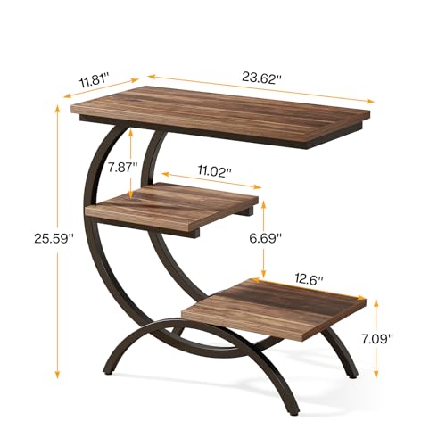 Tribesigns C-Shaped End Table, 3-Tier Industrial Sofa Side Table with Curved Metal Frame for Living Room, Bedroom, Couch, Small Space, Rustic Brown - color: Rustic Brown