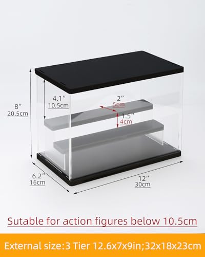 Clear Acrylic Display Case with Light , 3 Tier Display Box Stand Assembly Dustproof Protection Showcase for Collectibles Action Figures (Black 12.6×7×9in; 32×18×23cm) - color: Black With Light, size: 3 Tier 12.6×7×9in；32×18×23cm
