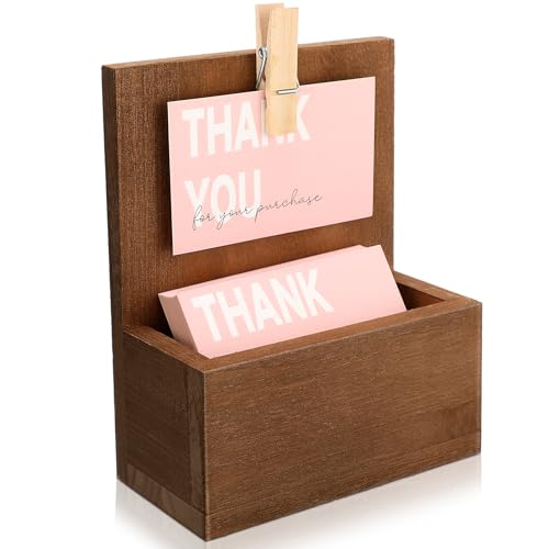 Wonderjune Wood Business Card Holder Vintage Wooden Open Card Stand Farmhouse Desktop Business Organizer Display Stand with Clip for Office Home Counters Tabletop Desk (Brown) - color: Brown