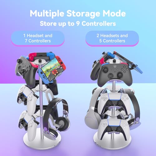 Controller Stand Compatible with Xbox PS5 PS4 Nintendo Switch Pro, 3 Tier Aluminum Gaming Headset Stand, Rotatable Headphone Controller Holder Organizer Rack, Universal & Large Capacity, Silver - color: Silver