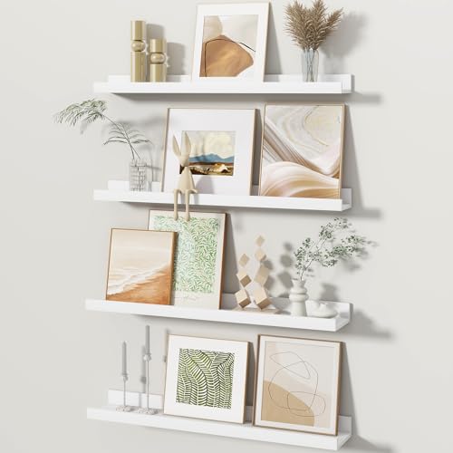 Fun Memories Picture Ledge Shelves Set of 4, 24 Inch Rustic Wall Mounted Floating Shelves with Lip for Home Storage and Décor in Bathroom, Kitchen, Nursery, Bedroom, Living Room, White - color: White, size: 24 inch, Set of 4