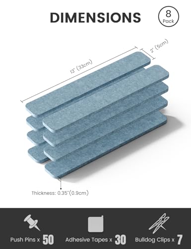 Fluxynara Cork Board Alternative Felt Strip Board 8-Pack 13"x2", Office Pin Board with 50 Push Pins, Adhesive Install for Bedroom Door & Home Office (Dusty Blue) - color: Dusty Blue, size: 8-pack