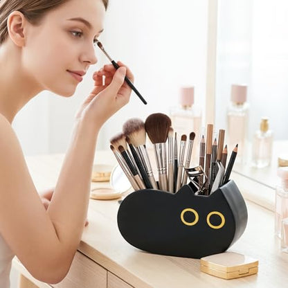 MALLMALL6 Black Cat Pencil Holder - Back to School Wooden Pen Holder, 2 Compartments Kitten Shaped Caddy Case Gifts for Kid Students Pet Lover, Desktop Storage Organizer for Classroom Office Decor - style: Black Cat