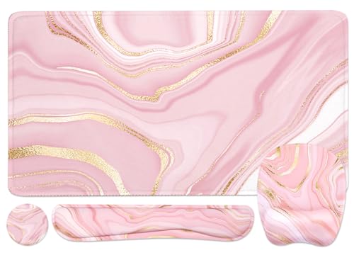 Keyboard Wrist Rest Large Mouse Pad Wrist Support for Computer, 4 in 1 Memory Foam Keyboard Pad Desk Mat Ergonomic Hand Rest Wrist Cushion for Home Office Gaming - Pink Marble - color: Pink Marble