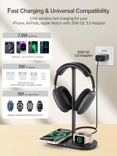 Airpod Max Charger Stand with 15W Wireless Charger, 4 in 1 Headphone Stand | Headset Holder for AirPods Max 2/Pro/iWatch/Vision Pro, Charging for iPhone 17/16/15/14/13/12/11/X, Aluminum Alloy Rod, Black - color: Dark Black