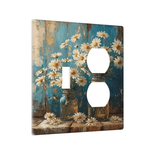 Delicate White Daisy Jars Retro Wood Background Wallplates 1 Toggle 1 Duplex Switch Plate Electrical GFCI Faceplate Decorative Light Switch Covers for Farmhouse Home Decor - color: Delicate White Daisy Jars Retro Wood Background, size: 1 Toggle 1 Duplex /