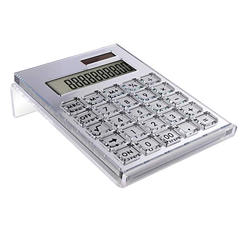 Acrylic Calculator with Stand, Battery and Solar Hybrid Powered Basic Calculator 12-Digit LCD Display,Home Office Desktop Accessories(Silver) - color: Silver
