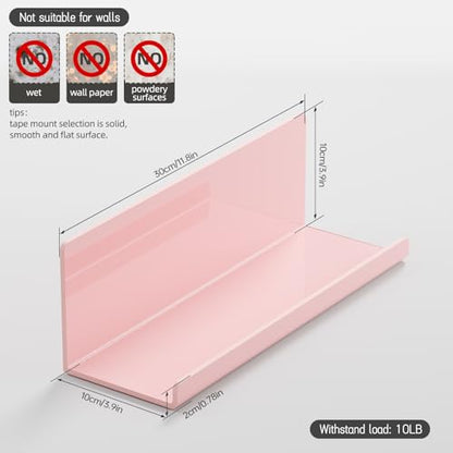 PAVSTINE Adhesive Floating Shelves for Wall No Drilling, 12 Inch Acrylic Self Adhesive Shelves, Stick on Shelves, Dorm Wall Shelf, for Bathroom, Kitchen, Bedroom, Office, Gaming Room, Pink - color: Pink