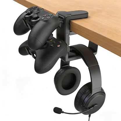 Controller Holder & Headphone Hook, Black | 3-in-1 Rotatable Under Desk Hook, Compatible with PS5/Xbox, Dual Game Controller Stand, Headset Hanger, Gaming Desk Organizer