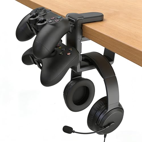 Controller Holder & Headphone Hook, Black | 3-in-1 Rotatable Under Desk Hook, Compatible with PS5/Xbox, Dual Game Controller Stand, Headset Hanger, Gaming Desk Organizer