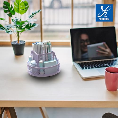 YINGHUA Metal Mesh Desk Organizer with 5 Compartments and Rotating Pencil Holder Pen and Stationery Organizer for Office Home School Anti Slip Base Purple - color: Purple