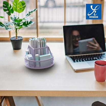 YINGHUA Metal Mesh Desk Organizer with 5 Compartments and Rotating Pencil Holder Pen and Stationery Organizer for Office Home School Anti Slip Base Purple - color: Purple