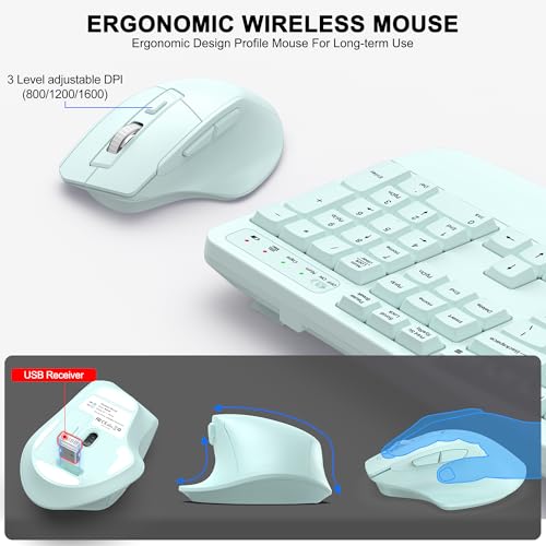 Wireless Keyboard and Mouse Combo, 2.4G Full Size Wave Keys Ergonomic Keyboard with Wrist Rest and 3-Level DPI Adjustable Wireless Ergonomic Mouse for Windows, Mac OS Desktop/Laptop/PC(Mint Green) - color: Mint green