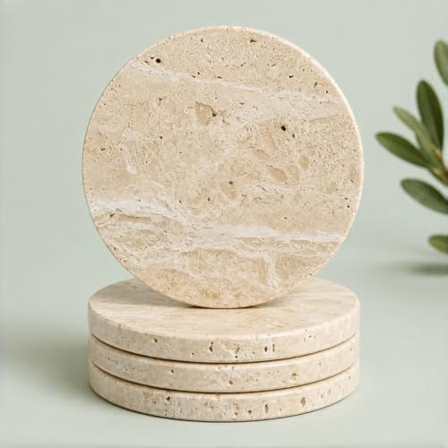 Natural Travertine Coasters Set of 4 – Absorbent Stone Drink Coasters with Cork Backing, 4” Round Neutral Coffee Table Décor for Organic Modern Home Aesthetic - color: Beige