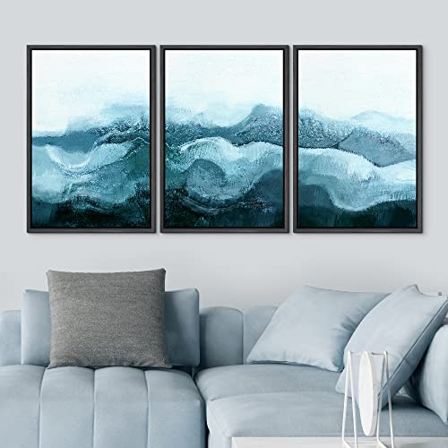 NWT Framed Canvas Print Wall Art Set Blue White Minimal Winter Cloud Mountain Abstract Wilderness Illustrations Art Rustic Scenic Relax/Calm for Living Room, Bedroom, Office - 16"x24"x3 Black - color: A02-2203-fo16, size: 16" x 24" x 3 Panels BLACK