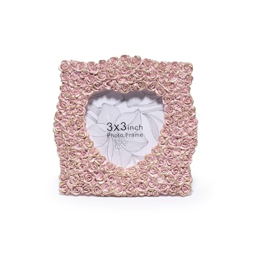 ZAWUU Pink Vintage Heart Picture Frame, Mini 3x3 Ornate Baroque Photo Frame for Tabletop Decor, Antique Carved Bow Frame with Shatterproof Acrylic Cover for Vanity, Desk - color: Color6