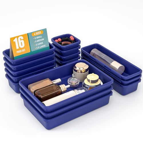 16 PCS Drawer Organizer Set, 4 Size Makeup Drawer Divider Organizer With Non-Slip Pads, Interlocking Plastic Storage Bins for Office,Jewelry Vanity,Gadgets, Bathroom,Kitchen, Navy - color: Navy, size: 16Pack