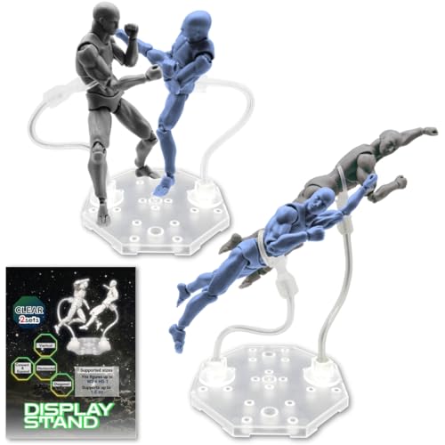 Action Figure Stand with Adjustable 2 Arms, Display Holder Base Compatible with HG, RG, SD, SHF Gundam 1/144, Connectable Base, Compatible with SH Figuarts Effects - 2 Pcs Clear