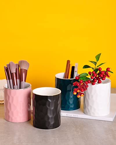 WHJY Ceramic Pink Pencil Cup, Makeup brushes Holder, Gold Pen Holder for Desk Cute Small Boho Brush Holder, Modern Geometry Design Pen Holder - color: Pink