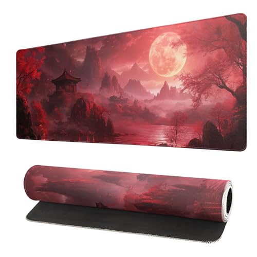 Red Landscape Mouse Pad 31.5x11.8 Inch Red Full Desk Japanese Mousepad Extended Large Non-Slip Rubber Base Waterproof Big Keyboard Mat with Stitched Edges for Gaming and Office - color: Red Landscape