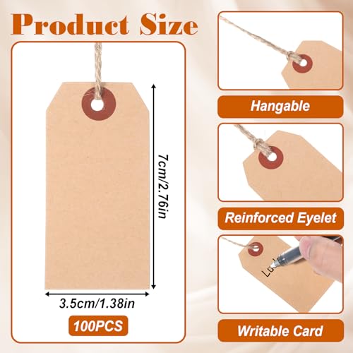 100 Pcs Blank Gift Tags with String, 2.75'' x1.37'' Khaki Paper Gift Tags with String Attached Blank Personalized Name Tag for Presents Birthday Wedding Christmas Decoration