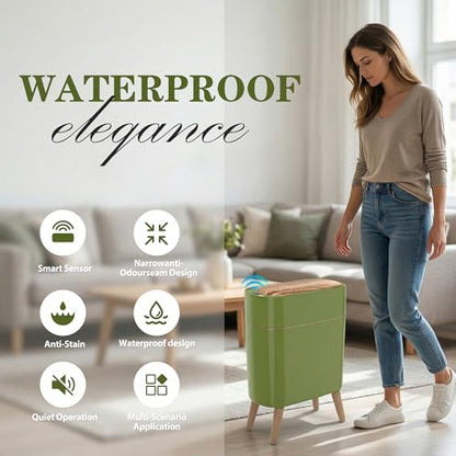 suyika Automatic Trash Can, 2.6 Gallon/10L Bathroom Trash Can with Lid - Wood Grain Lid and Legs, Touchless Waterproof Garbage Bin for Bedroom, Bathroom, Office, Living Room - color: Green