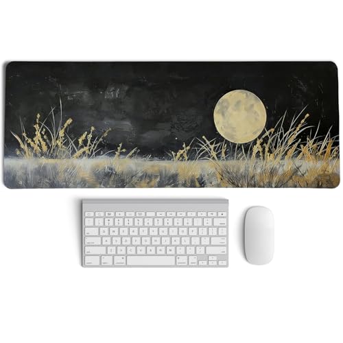 Vintage Gold and Black Full Moon Wilderness Mouse Pad,Aesthetic Dark Night Nature Scenery Desk Mat,Rustic Cottagecore Grassland Mousepad for Home Office Dorm Desktop Decor,31.5x11.8 Inch - color: Nature Black XL