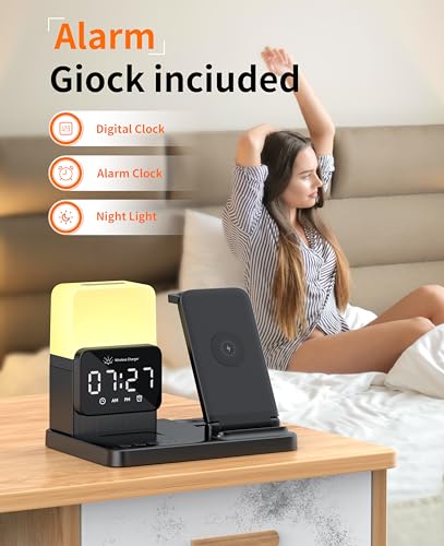 6-in-1 Wireless Charging Station,Charger Stand for Apple Devices,for iPhone 17-12 Pro Max Watch Airpods,Wireless Charger iPhone Charging Station with Night Light/Alarm Clock Gifts for Fathers Day
