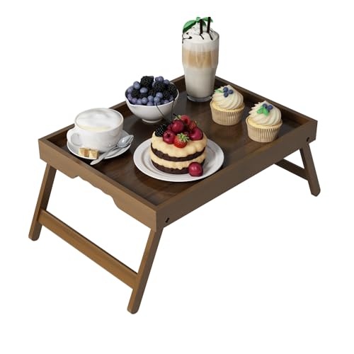 Artmalle Bed Tray Table Folding Legs with Handles Groove Breakfast Food Tray for Sofa, Bed, Eating, Drawing, Platters Serving Lap Desk Snack Tray (Brown Medium) - size: Medium (11.8" x 15.7" x 1.6") x 1 Pack