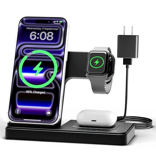 Wireless Charger iPhone Charging Station: 3 in 1 Charger Stand Multiple Devices for Apple - iPhone 17 16e 16 15 14 Pro Max 13 12 11 - Watch 11 10 9 8 7 6 5 4 3 2 SE and Ultra Series - Airpods 4 3 Pro - color: Black