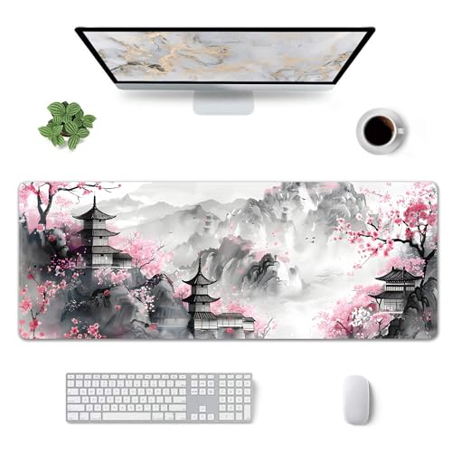 Japanese Cherry Blossom Large Mouse Pad,Gaming Keyboard Desk Pad,Extended Mouse Mat Non-Slip Rubber Base with Stitched Edges for Office Game Home XL 31.5"x11.8" - color: Cherry Blossom, size: 31.5L x 11.8W inches