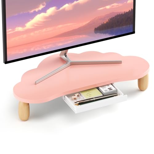 AFOOYO Monitor Stand Riser,Cloud-Shaped Sturdy Wood 16.5In Computer Monitor Riser Wirh Drawer, Multi-Purpose Desktop Organizer Riser for Computer,Laptop,Printer,TV,Pink - color: Pink, size: Cloud Shape With Drawer