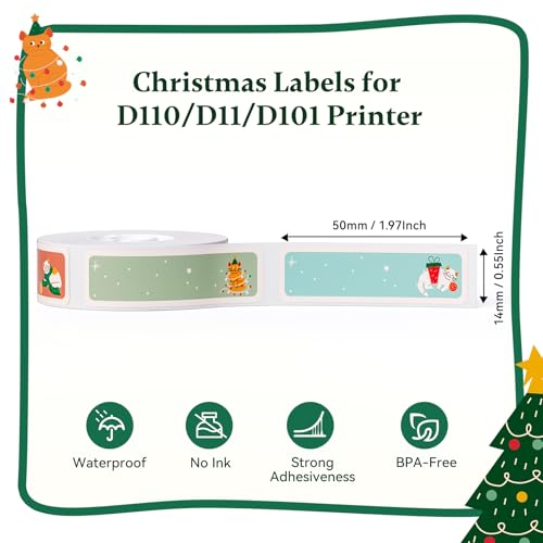 NIIMBOT Christmas Labels for D110/D11/D101 Label Maker,14 x 50 mm (0.55'' x 1.97''), Thermal Label Tape for Christmas Home Office Labeling, Meowy Xmas Pattern - color: 14mmx50mm-meowy Xmas