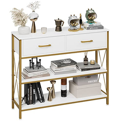 HITHOS Industrial Console Table with 2 Drawers, Narrow Long Entryway Table with 3-Tier Storage Shelves, Industrial Sofa Foyer Table for Living Room, Hallway, Entry Way, Foyer, Kitchen, White/Gold - size: 39.4"