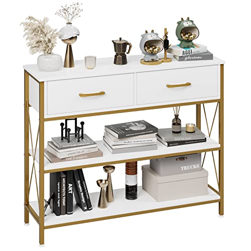HITHOS Industrial Console Table with 2 Drawers, Narrow Long Entryway Table with 3-Tier Storage Shelves, Industrial Sofa Foyer Table for Living Room, Hallway, Entry Way, Foyer, Kitchen, White/Gold - size: 39.4"