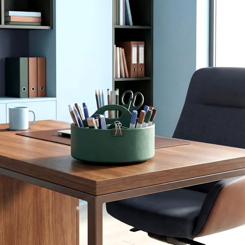 360° Rotating Leather Desk Storage Organizer with 6 Slots and Handle Extra-large Pen Holder Spinning Pencil Storage Lazy Susan Organizer Office Desk Supplies Marker, Art Supply(Green) - color: Green