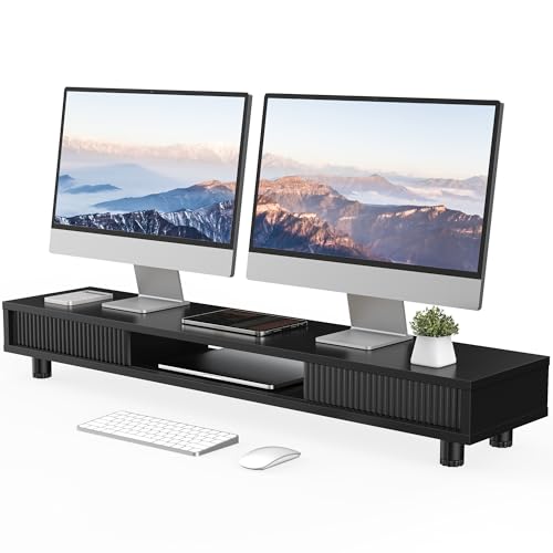 Fenge Dual Monitor Stand, 42.5inch Long Monitor Stands Riser for 2 Monitors, Glass Sliding Door with Storage Organizer Stand for Desk, 2 Tier Desk Shelf for Laptop, Pc, Printer, Computer, TV - color: Black