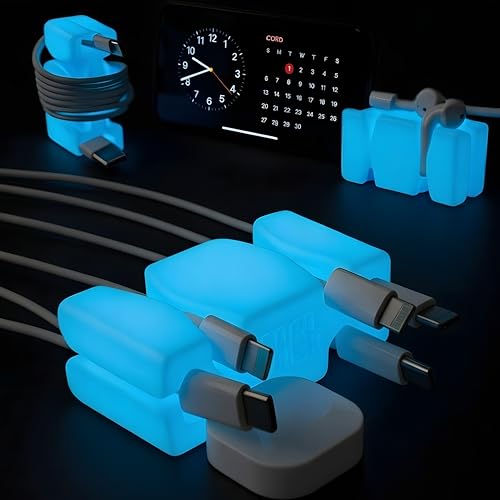 CordBrick Glowing Silicone + Steel Weighted Cable Holder for Nighstand, Cord Wrap for Travel, Unique iPhone Accessory. Small Graduation Gift for High Schoolers. Gadget for Teens. Blue Glow - color: (O) Blue Glow, size: 1 Pack