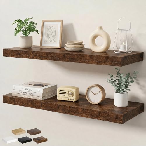 Floating Shelves for Wall 36 in x 9.3 in Deep, Wall Mounted Rustic Wood Shelf with Invisible Brackets for Storage & Display, Living Room Bedroom Bathroom, Brown, 2 Pack - color: Rustic Brown, size: 36 Inch, 2 pack