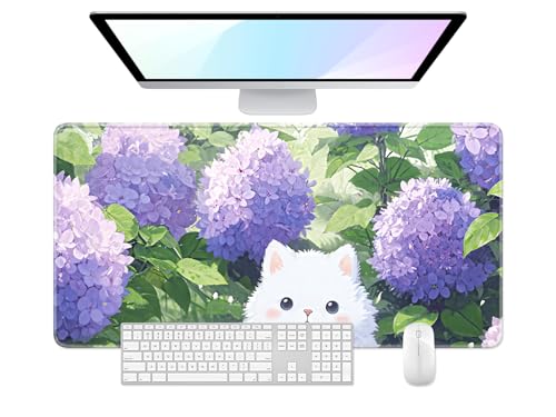Desk Pad, 32" x 16" XXXL Extended Large Gaming Mouse Pad, Desktop Decor Desk Mat, Men Women Office Supplies and Accessories, Cute Anime Mouse Mat for Laptop & Keyboard, Purple Hydrangea Cat - color: Purple Hydrangea Cat